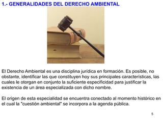 5
1.- GENERALIDADES DEL DERECHO AMBIENTAL
El Derecho Ambiental es una disciplina jurídica en formación. Es posible, no
obstante, identificar las que constituyen hoy sus principales características, las
cuales le otorgan en conjunto la suficiente especificidad para justificar la
existencia de un área especializada con dicho nombre.
El origen de esta especialidad se encuentra conectado al momento histórico en
el cual la "cuestión ambiental" se incorpora a la agenda pública.
 
