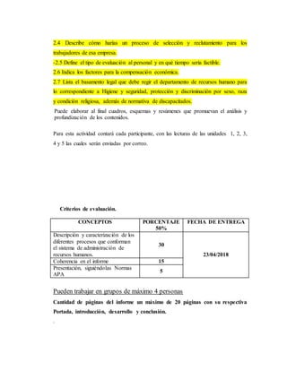 2.4 Describe cómo harías un proceso de selección y reclutamiento para los
trabajadores de esa empresa.
-2.5 Define el tipo de evaluación al personal y en qué tiempo sería factible.
2.6 Indica los factores para la compensación económica.
2.7 Lista el basamento legal que debe regir el departamento de recursos humano para
lo correspondiente a Higiene y seguridad, protección y discriminación por sexo, raza
y condición religiosa, además de normativa de discapacitados.
Puede elaborar al final cuadros, esquemas y resúmenes que promuevan el análisis y
profundización de los contenidos.
Para esta actividad contará cada participante, con las lecturas de las unidades 1, 2, 3,
4 y 5 las cuales serán enviadas por correo.
Criterios de evaluación.
CONCEPTOS PORCENTAJE
50%
FECHA DE ENTREGA
Descripción y caracterización de los
diferentes procesos que conforman
el sistema de administración de
recursos humanos.
30
23/04/2018
Coherencia en el informe 15
Presentación, siguiéndolas Normas
APA
5
Pueden trabajar en grupos de máximo 4 personas
Cantidad de páginas del informe un máximo de 20 páginas con su respectiva
Portada, introducción, desarrollo y conclusión.
.
 