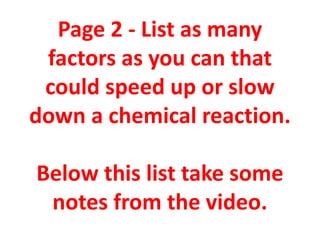 Page 2 - List as many
factors as you can that
could speed up or slow
down a chemical reaction.
Below this list take some
notes from the video.

 