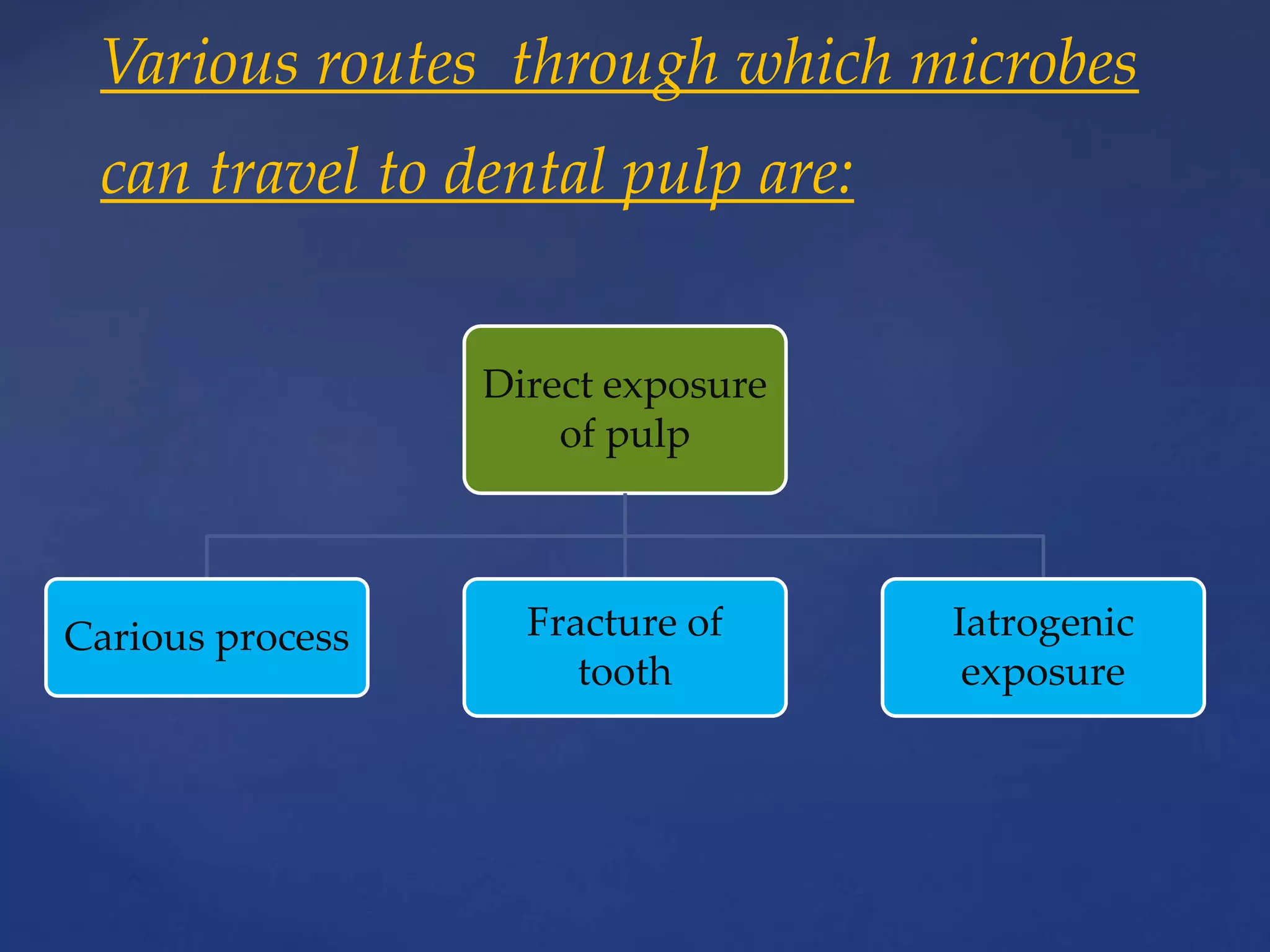 Various routes through which microbes
can travel to dental pulp are:
Direct exposure
of pulp
Carious process Fracture of
tooth
Iatrogenic
exposure
 