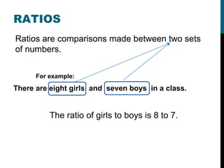 RATIOS
Ratios are comparisons made between two sets
of numbers.


      For example:
There are eight girls and seven boys in a class.


          The ratio of girls to boys is 8 to 7.
 