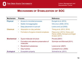 18
Carbon Management and
Sequestration Center
MECHANISMS OF STABILIZATION OF SOC
Mechanism Process Reference
Physical • Access to microbial processes Dungait et al. (2012)
• Stable microaggregates Vitro et al. (2008, 2010)
• Deep placement in sub-soil Lorenz and Lal (2005)
Chemical • Absorption on clay particles Theng et al. (2012, 2014)
• Formation of organo-mineral complexes Plaza et al. (2013), Chenu and
Plante (2006), Rumpel and Kögel-
Knaber (2011)
Biochemical • Supra-molecular structure Piccolo (2001)
• Formation and selective preservation of
molecules
Schnitzer and Monreal (2011)
• Recalcitrant substances Lorenz et al. (2007)
• Clay hutches Lündsdorf et al. (2000)
Ecological • Ecosystem property Schmidt et al. (2011)
 