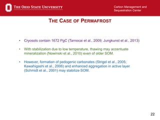 22
Carbon Management and
Sequestration Center
THE CASE OF PERMAFROST
• Cryosols contain 1672 PgC (Tarnocai et al., 2009; Jungkunst et al., 2013)
• With stabilization due to low temperature, thawing may accentuate
mineralization (Nowinski et al., 2010) even of older SOM.
• However, formation of pedogenic carbonates (Strigel et al., 2005;
Kawahigashi et al., 2006) and enhanced aggregation in active layer
(Schmidt et al., 2001) may stabilize SOM.
 