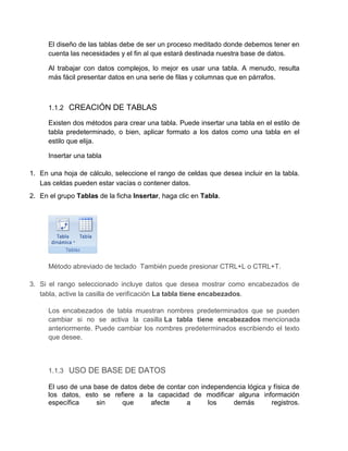 El diseño de las tablas debe de ser un proceso meditado donde debemos tener en
cuenta las necesidades y el fin al que estará destinada nuestra base de datos.
Al trabajar con datos complejos, lo mejor es usar una tabla. A menudo, resulta
más fácil presentar datos en una serie de filas y columnas que en párrafos.

1.1.2 CREACIÓN DE TABLAS
Existen dos métodos para crear una tabla. Puede insertar una tabla en el estilo de
tabla predeterminado, o bien, aplicar formato a los datos como una tabla en el
estilo que elija.
Insertar una tabla
1. En una hoja de cálculo, seleccione el rango de celdas que desea incluir en la tabla.
Las celdas pueden estar vacías o contener datos.
2. En el grupo Tablas de la ficha Insertar, haga clic en Tabla.

Método abreviado de teclado También puede presionar CTRL+L o CTRL+T.
3. Si el rango seleccionado incluye datos que desea mostrar como encabezados de
tabla, active la casilla de verificación La tabla tiene encabezados.
Los encabezados de tabla muestran nombres predeterminados que se pueden
cambiar si no se activa la casilla La tabla tiene encabezados mencionada
anteriormente. Puede cambiar los nombres predeterminados escribiendo el texto
que desee.

1.1.3 USO DE BASE DE DATOS
El uso de una base de datos debe de contar con independencia lógica y física de
los datos, esto se refiere a la capacidad de modificar alguna información
específica
sin
que
afecte
a
los
demás
registros.

 
