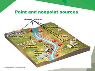 Point and nonpoint sources
NONPOINT SOURCES
Urban streets
Suburban
development
Wastewater
treatment
plant
Rural homes
Cropland
Factory
Animal feedlot
POINT
SOURCES
 