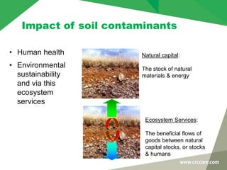 Impact of soil contaminants
• Human health
• Environmental
sustainability
and via this
ecosystem
services
Natural capital:
The stock of natural
materials & energy
Ecosystem Services:
The beneficial flows of
goods between natural
capital stocks, or stocks
& humans
 