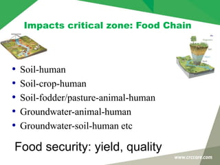 Impacts critical zone: Food Chain
• Soil-human
• Soil-crop-human
• Soil-fodder/pasture-animal-human
• Groundwater-animal-human
• Groundwater-soil-human etc
Food security: yield, quality
 
