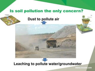 Is soil pollution the only concern?
Dust to pollute air
Leaching to pollute water/groundwater
 