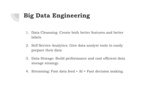 Big Data Engineering
1. Data Cleansing: Create both better features and better
labels
2. Self Service Analytics: Give data analyst tools to easily
prepare their data
3. Data Storage: Build performance and cost efficient data
storage strategy.
4. Streaming: Fast data feed + AI = Fast decision making.
 