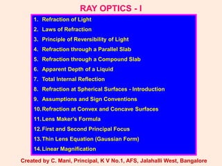 RAY OPTICS - I
1. Refraction of Light
2. Laws of Refraction
3. Principle of Reversibility of Light
4. Refraction through a Parallel Slab
5. Refraction through a Compound Slab
6. Apparent Depth of a Liquid
7. Total Internal Reflection
8. Refraction at Spherical Surfaces - Introduction
9. Assumptions and Sign Conventions
10.Refraction at Convex and Concave Surfaces
11.Lens Maker’s Formula
12.First and Second Principal Focus
13.Thin Lens Equation (Gaussian Form)
14.Linear Magnification
Created by C. Mani, Principal, K V No.1, AFS, Jalahalli West, Bangalore
 