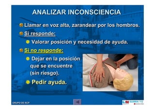 GRUPO DE RCPGRUPO DE RCP
Llamar en voz alta, zarandear por los hombros.
Si responde:
Valorar posición y necesidad de ayuda.
Si no responde:
Dejar en la posición
que se encuentre
(sin riesgo).
Pedir ayuda.
Llamar en voz alta, zarandear por los hombros.
Si responde:
Valorar posición y necesidad de ayuda.
Si no responde:
Dejar en la posición
que se encuentre
(sin riesgo).
Pedir ayuda.
ANALIZAR INCONSCIENCIAANALIZAR INCONSCIENCIAANALIZAR INCONSCIENCIA
 