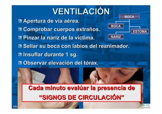 GRUPO DE RCPGRUPO DE RCP
VENTILACIVENTILACIÓÓNN BOCA
BOCA
NARIZ
ESTOMA
Apertura de vApertura de víía aa aéérea.rea.
Comprobar cuerpos extraComprobar cuerpos extrañños.os.
Pinzar la nariz de la vPinzar la nariz de la vííctima.ctima.
Sellar su boca con labios del reanimador.Sellar su boca con labios del reanimador.
Insuflar durante 1Insuflar durante 1 sgsg..
Observar elevaciObservar elevacióón del tn del tóórax.rax.
Cada minutoCada minuto evalevalúúarar la presencia dela presencia de
““SIGNOS DE CIRCULACISIGNOS DE CIRCULACIÓÓNN””
 