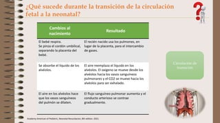 ¿Qué sucede durante la transición de la circulación
fetal a la neonatal?
Circulación de
transición
Cambios al
nacimiento
Resultado
El bebé respira.
Se pinza el cordón umbilical,
separando la placenta del
bebé.
El recién nacido usa los pulmones, en
lugar de la placenta, para el intercambio
de gases.
Se absorbe el líquido de los
alvéolos.
El aire reemplaza el líquido en los
alvéolos. El oxígeno se mueve desde los
alvéolos hacia los vasos sanguíneos
pulmonares y el CO2 se mueve hacia los
alvéolos para ser exhalado.
El aire en los alvéolos hace
que los vasos sanguíneos
del pulmón se dilaten.
El flujo sanguíneo pulmonar aumenta y el
conducto arterioso se contrae
gradualmente.
Academy American of Pediatric, Neonatal Resucitacion, 8th edition. 2021.
 