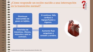¿Cómo responde un recién nacido a una interrupción
en la transición normal?
Disminuye
intercambio de
gases en tejidos.
Arteriolas de
intestinos, riñones,
músculos y piel se
contraen.
Aumento flujo
sanguíneo a
corazón y cerebro.
Si continua, falla
cardiaca e
hipoperfusión a
órganos.
Academy American of Pediatric, Neonatal Resucitacion, 8th edition. 2021.
 