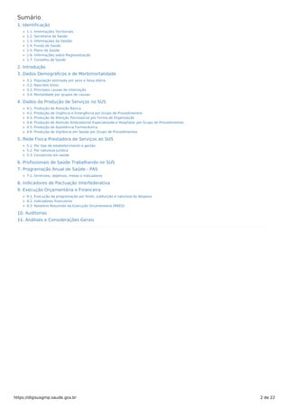 Sumário
1. Identificação
1.1. Informações Territoriais
1.2. Secretaria de Saúde
1.3. Informações da Gestão
1.4. Fundo de Saúde
1.5. Plano de Saúde
1.6. Informações sobre Regionalização
1.7. Conselho de Saúde
2. Introdução
3. Dados Demográficos e de Morbimortalidade
3.1. População estimada por sexo e faixa etária
3.2. Nascidos Vivos
3.3. Principais causas de internação
3.4. Mortalidade por grupos de causas
4. Dados da Produção de Serviços no SUS
4.1. Produção de Atenção Básica
4.2. Produção de Urgência e Emergência por Grupo de Procedimentos
4.3. Produção de Atenção Psicossocial por Forma de Organização
4.4. Produção de Atenção Ambulatorial Especializada e Hospitalar por Grupo de Procedimentos
4.5. Produção de Assistência Farmacêutica
4.6. Produção de Vigilância em Saúde por Grupo de Procedimentos
5. Rede Física Prestadora de Serviços ao SUS
5.1. Por tipo de estabelecimento e gestão
5.2. Por natureza jurídica
5.3. Consórcios em saúde
6. Profissionais de Saúde Trabalhando no SUS
7. Programação Anual de Saúde - PAS
7.1. Diretrizes, objetivos, metas e indicadores
8. Indicadores de Pactuação Interfederativa
9. Execução Orçamentária e Financeira
9.1. Execução da programação por fonte, subfunção e natureza da despesa
9.2. Indicadores financeiros
9.3. Relatório Resumido da Execução Orçamentária (RREO)
10. Auditorias
11. Análises e Considerações Gerais
https://digisusgmp.saude.gov.br 2 de 22
 