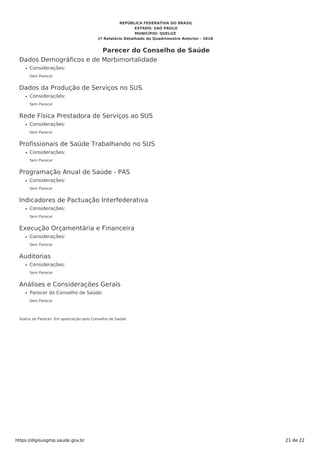 Dados Demográficos e de Morbimortalidade
Considerações:
Sem Parecer
Dados da Produção de Serviços no SUS
Considerações:
Sem Parecer
Rede Física Prestadora de Serviços ao SUS
Considerações:
Sem Parecer
Profissionais de Saúde Trabalhando no SUS
Considerações:
Sem Parecer
Programação Anual de Saúde - PAS
Considerações:
Sem Parecer
Indicadores de Pactuação Interfederativa
Considerações:
Sem Parecer
Execução Orçamentária e Financeira
Considerações:
Sem Parecer
Auditorias
Considerações:
Sem Parecer
Análises e Considerações Gerais
Parecer do Conselho de Saúde:
Sem Parecer
Status do Parecer: Em apreciação pelo Conselho de Saúde
REPÚBLICA FEDERATIVA DO BRASIL
ESTADO: SAO PAULO
MUNICÍPIO: QUELUZ
1º Relatório Detalhado do Quadrimestre Anterior - 2018
Parecer do Conselho de Saúde
https://digisusgmp.saude.gov.br 21 de 22
 