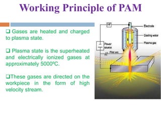  Gases are heated and charged
to plasma state.
 Plasma state is the superheated
and electrically ionized gases at
approximately 5000⁰C.
These gases are directed on the
workpiece in the form of high
velocity stream.
Working Principle of PAM
 