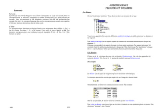 ARBORESCENCE
                                  FICHIERS ET DOSSIERS
Les disques

      Ouvrez l'explorateur windows. Vous observez alors une structure de ce type:




      Vous voyez apparaître les noms des différentes unités de stockage servant à mémoriser les données et
      les logiciels.

      Une unité de stockage est un support capable de contenir des documents informatiques (disque dur,
      disquette...).
      Elle peut correspondre à un support physique, ou à une partie seulement d'un support physique. Par
      exemple, l'unité C représente généralement le disque dur. Mais il arrive que l'on 'partitionne' le disque
      dur, il y a alors plusieurs lettres qui représentent plusieurs parties du même disque dur.

      Les dossiers

      Cliquer sur le    du disque dur pour voir se dérouler l'arborescence. On voit alors apparaître les
      noms des dossiers. Un clic sur le     permet de cacher à nouveau l'arborescence.

      Par exemple:




      Un dossier est un espace de rangement pour les documents informatiques.

      Les dossiers peuvent être ouverts par simple clic sur l'image du dossier fermé:



      Simultanément, on observe le contenu du dossier ouvert. Par exemple:




      Dans le cas précédent, le dossier ouvert ne contient que des sous-dossiers.

      Pour créer un dossier vous devez faire un clic droit à l'endroit ou vous souhaitez placer ce dossier. Puis
      choisissez "nouveau", puis "dossier".
 