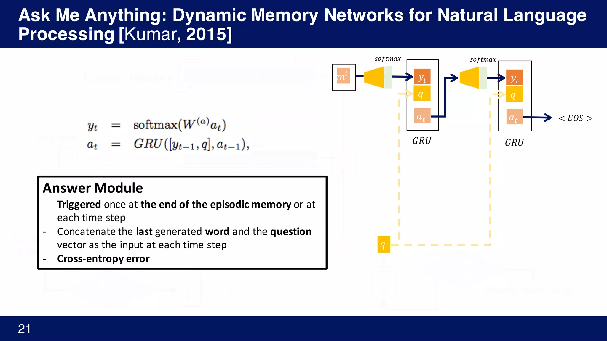 Ask Me Anything: Dynamic Memory Networks for Natural Language
Processing [Kumar, 2015]
21
𝑐Y
I go to school.
He gets ball.
…
𝑔Y
%
Where does he go?
GloVe
Embed
𝐺𝑅𝑈(𝐿[𝑤Y
s
], ℎYA'
u
) = ℎY
u
= 𝑐Y
I
go
to
Input Memory
Episodic Memory
GloVe
EmbedI
go
to𝑞Y = 𝐺𝑅𝑈(𝐿 𝑤Y
v
, 𝑞YA')
ℎN
%
= 𝑒%
𝑮𝑹𝑼𝒍𝒊𝒔𝒉
𝑔Y
%
= 𝑮(𝑐Y, 𝑚%A'
, 𝑞)Gate
ℎY
%
= 𝑔Y
%
𝐺𝑅𝑈 𝑐Y, ℎYA'
%
+ (1 − 𝑔Y
%
)	ℎYA'
%
new Memory
ℎY 𝑒Y
𝑞
𝑒Y
𝑚%
𝑞
𝑦Y
𝑞
𝑎Y
𝑦Y
𝑞
𝑎Y
𝐺𝑅𝑈 𝐺𝑅𝑈
< 𝐸𝑂𝑆 >
𝑠𝑜𝑓𝑡𝑚𝑎𝑥 𝑠𝑜𝑓𝑡𝑚𝑎𝑥
𝑚%
Answer	Module
- Triggered once	at	the	end	of	the	episodic	memory	or	at	
each	time	step
- Concatenate	the	last generated	word and	the	question
vector	as	the	input	at	each	time	step
- Cross-entropy	error
 