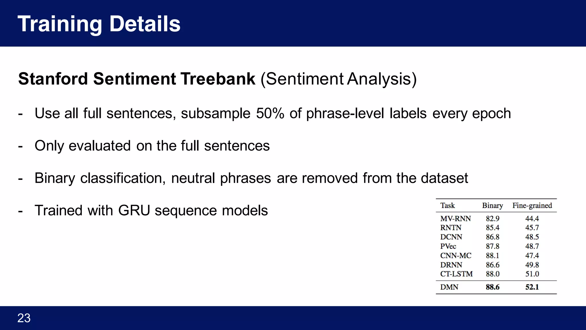 Training Details
Stanford Sentiment Treebank (Sentiment Analysis)
- Use all full sentences, subsample 50% of phrase-level labels every epoch
- Only evaluated on the full sentences
- Binary classification, neutral phrases are removed from the dataset
- Trained with GRU sequence models
23
 