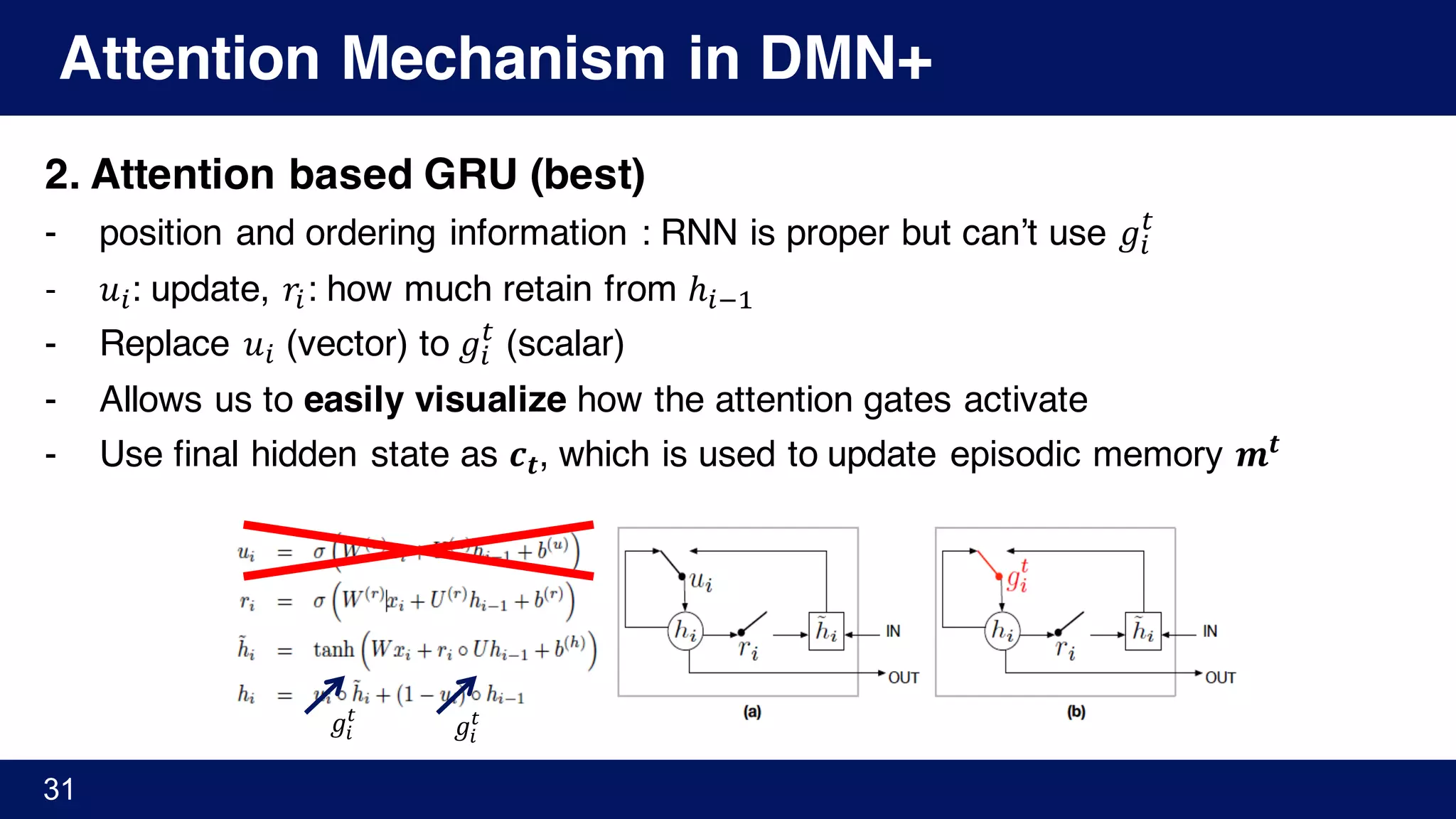 Attention Mechanism in DMN+
2. Attention based GRU (best)
- position and ordering information : RNN is proper but can’t use 𝑔%
Y
- 𝑢%: update, 𝑟%: how much retain from ℎ%A'
- Replace 𝑢% (vector) to 𝑔%
Y
(scalar)
- Allows us to easily visualize how the attention gates activate
- Use final hidden state as 𝒄 𝒕, which is used to update episodic memory 𝒎𝒕
31
𝑔%
Y
𝑔%
Y
 