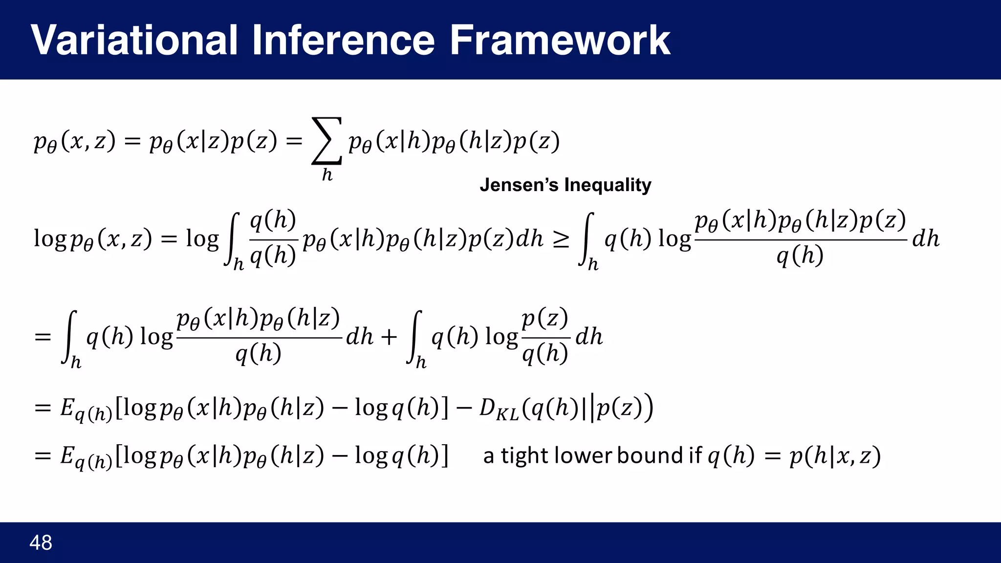 Variational Inference Framework
48
𝑝® 𝑥, 𝑧 = 𝑝® 𝑥 𝑧 𝑝 𝑧 = ¨ 𝑝® 𝑥 ℎ 𝑝® ℎ 𝑧 𝑝(𝑧)
¬
log 𝑝® 𝑥, 𝑧 = log«
𝑞 ℎ
𝑞 ℎ
𝑝® 𝑥 ℎ 𝑝® ℎ 𝑧 𝑝 𝑧 𝑑ℎ
¬
≥ « 𝑞 ℎ log
𝑝® 𝑥 ℎ 𝑝® ℎ 𝑧 𝑝 𝑧
𝑞 ℎ
𝑑ℎ
¬
	
= « 𝑞 ℎ log
𝑝® 𝑥 ℎ 𝑝® ℎ 𝑧
𝑞 ℎ
𝑑ℎ
¬
+ « 𝑞 ℎ log
𝑝 𝑧
𝑞 ℎ
𝑑ℎ
¬
= 𝐸± ¬ log 𝑝® 𝑥 ℎ 𝑝® ℎ 𝑧 − log 𝑞 ℎ − 𝐷³´(𝑞(ℎ)| 𝑝 𝑧
= 𝐸± ¬ log 𝑝® 𝑥 ℎ 𝑝® ℎ 𝑧 − log 𝑞 ℎ a	tight	lower	bound	if	𝑞 ℎ = 𝑝(ℎ|𝑥, 𝑧)
Jensen’s Inequality
 