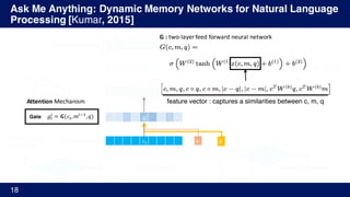 Ask Me Anything: Dynamic Memory Networks for Natural Language
Processing [Kumar, 2015]
18
ℎY 𝑒Y
I go to school.
He gets ball.
…
Where does he go?
GloVe
Embed
𝐺𝑅𝑈(𝐿[𝑤Y
s
], ℎYA'
u
) = ℎY
u
= 𝑐Y
𝑦Y
I
go
to
Input Memory
Episodic Memory 𝑒Y 𝑚%
GloVe
EmbedI
go
to𝑞Y = 𝐺𝑅𝑈(𝐿 𝑤Y
v
, 𝑞YA')
ℎN
%
= 𝑒%
𝑮𝑹𝑼𝒍𝒊𝒔𝒉ℎY
%
= 𝑔Y
%
𝐺𝑅𝑈 𝑐Y, ℎYA'
%
+ (1 − 𝑔Y
%
) ℎYA'
%
𝑚%
new Memory
𝑞
𝑎Y
𝑦Y
𝑞
𝑎Y
𝐺𝑅𝑈 𝐺𝑅𝑈
< 𝐸𝑂𝑆 >
𝑠𝑜𝑓𝑡𝑚𝑎𝑥 𝑠𝑜𝑓𝑡𝑚𝑎𝑥
𝑔Y
%
= 𝑮(𝑐Y, 𝑚%A'
, 𝑞)Gate
feature vector : captures a similarities between c, m, q
G	:	two-layer	feed	forward	neural	network
Attention Mechanism
𝑞𝑞𝑐Y
𝑔Y
%
 