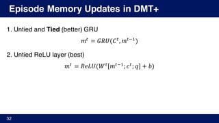 Episode Memory Updates in DMT+
1. Untied and Tied (better) GRU
𝑚Y
= 𝐺𝑅𝑈(𝐶Y
, 𝑚YA'
)
2. Untied ReLU layer (best)
𝑚Y
= 𝑅𝑒𝐿𝑈(𝑊Y
𝑚YA'
; 𝑐Y
; 𝑞 + 𝑏)
32
 
