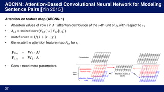ABCNN: Attention-Based Convolutional Neural Network for Modeling
Sentence Pairs [Yin 2015]
37
Attention on feature map (ABCNN-1)
• Attention values of row 𝑖 in 𝑨 : attention distribution of the 𝑖−th unit of 𝑠Ÿ	with respect to 𝑠'
• 𝐴%,/ = 𝑚𝑎𝑡𝑐ℎ𝑠𝑐𝑜𝑟𝑒(𝐹Ÿ,¢ :, 𝑖 , 𝐹',¢ :, 𝑗 )
• 𝑚𝑎𝑡𝑐ℎ𝑠𝑐𝑜𝑟𝑒 = 1/(1 + 𝑥 − 𝑦 )
• Generate the attention feature map 𝐹%,¦ for 𝑠%
• Cons : need more parameters
 