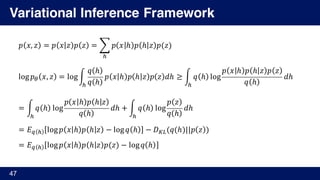 Variational Inference Framework
47
𝑝 𝑥, 𝑧 = 𝑝 𝑥 𝑧 𝑝 𝑧 = ¨ 𝑝 𝑥 ℎ 𝑝 ℎ 𝑧 𝑝(𝑧)
¬
log 𝑝® 𝑥, 𝑧 = log«
𝑞 ℎ
𝑞 ℎ
𝑝 𝑥 ℎ 𝑝 ℎ 𝑧 𝑝 𝑧 𝑑ℎ
¬
≥ « 𝑞 ℎ log
𝑝 𝑥 ℎ 𝑝 ℎ 𝑧 𝑝 𝑧
𝑞 ℎ
𝑑ℎ
¬
	
= « 𝑞 ℎ log
𝑝 𝑥 ℎ 𝑝 ℎ 𝑧
𝑞 ℎ
𝑑ℎ
¬
+ « 𝑞 ℎ log
𝑝 𝑧
𝑞 ℎ
𝑑ℎ
¬
= 𝐸± ¬ log 𝑝 𝑥 ℎ 𝑝 ℎ 𝑧 − log 𝑞 ℎ − 𝐷³´(𝑞(ℎ)||𝑝 𝑧 )
= 𝐸± ¬ log 𝑝 𝑥 ℎ 𝑝 ℎ 𝑧 𝑝(𝑧) − log 𝑞 ℎ
 