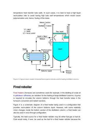 temperature heat transfer tube walls. In such cases, it is best to have a high liquid
recirculation rate to avoid having high tube wall temperatures which would cause
polymerization and, hence, fouling of the tubes.
Figure 3: A typical steam-heated,horizontal thermosyphon reboiler used for heating distillation columns.
Fired reboiler
Fired heaters (furnaces) are sometimes used (for example, in the distilling of crude oil
in petroleum refineries) as reboilers for the heating of large distillation columns. A pump
is required to circulate the column bottoms through the heat transfer tubes in the
furnace's convection and radiant sections.
Figure 4 is a schematic diagram of a fired heater being used in a configuration that
provides recirculation of the column bottoms liquid. However, with some relatively
minor changes inside the bottom section of the distillation column, a fired heater can
also be used in once-through configuration.
Typically, the heat source for a fired heater reboiler may be either fuel gas or fuel oil.
Coal would rarely, if ever, be used as the fuel for a fired heater reboiler because the
 