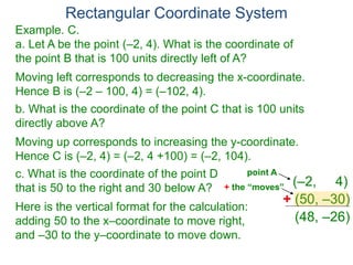 Rectangular Coordinate System
Example. C.
a. Let A be the point (–2, 4). What is the coordinate of
the point B that is 100 units directly left of A?
Moving left corresponds to decreasing the x-coordinate.
Hence B is (–2 – 100, 4) = (–102, 4).
b. What is the coordinate of the point C that is 100 units
directly above A?
Moving up corresponds to increasing the y-coordinate.
Hence C is (–2, 4) = (–2, 4 +100) = (–2, 104).
c. What is the coordinate of the point D
that is 50 to the right and 30 below A?
Here is the vertical format for the calculation:
adding 50 to the x–coordinate to move right,
and –30 to the y–coordinate to move down.
(–2, 4)
+ (50, –30)
(48, –26)
point A
+ the “moves”
 