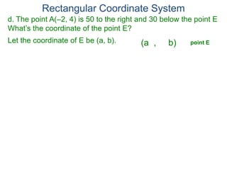 Rectangular Coordinate System
d. The point A(–2, 4) is 50 to the right and 30 below the point E
What’s the coordinate of the point E?
Let the coordinate of E be (a, b). (a , b) point E
 