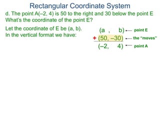 Rectangular Coordinate System
d. The point A(–2, 4) is 50 to the right and 30 below the point E
What’s the coordinate of the point E?
Let the coordinate of E be (a, b).
In the vertical format we have:
(a , b)
+ (50, –30)
(–2, 4)
the “moves”
point A
point E
 