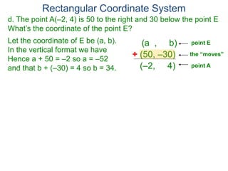 Rectangular Coordinate System
d. The point A(–2, 4) is 50 to the right and 30 below the point E
What’s the coordinate of the point E?
Let the coordinate of E be (a, b).
In the vertical format we have
Hence a + 50 = –2 so a = –52
and that b + (–30) = 4 so b = 34.
(a , b)
+ (50, –30)
(–2, 4)
the “moves”
point A
point E
 