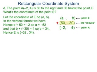 Rectangular Coordinate System
d. The point A(–2, 4) is 50 to the right and 30 below the point E
What’s the coordinate of the point E?
Let the coordinate of E be (a, b).
In the vertical format we have
Hence a + 50 = –2 so a = –52
and that b + (–30) = 4 so b = 34.
Hence E is (–52 , 34).
(a , b)
+ (50, –30)
(–2, 4)
the “moves”
point A
point E
 