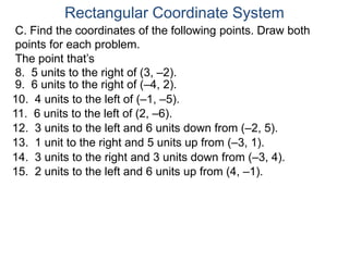 C. Find the coordinates of the following points. Draw both
points for each problem.
Rectangular Coordinate System
The point that’s
8. 5 units to the right of (3, –2).
10. 4 units to the left of (–1, –5).
9. 6 units to the right of (–4, 2).
11. 6 units to the left of (2, –6).
12. 3 units to the left and 6 units down from (–2, 5).
13. 1 unit to the right and 5 units up from (–3, 1).
14. 3 units to the right and 3 units down from (–3, 4).
15. 2 units to the left and 6 units up from (4, –1).
 