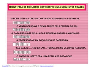 IDENTIFICA OS RECURSOS EXPRESSIVOS NAS SEGUINTES FRASES:




              •A NOITE DESCIA COMO UM CORTINADO ACENDENDO AS ESTRELAS.


                        •O VENTO SOLUÇAVA E GEMIA TRISTE PELA PARTIDA DO SOL.


               •A CASA ERGUIA-SE BELA, ALTA E MODERNA NAQUELA MONTANHA.


                        •A PROFESSORA É UM POÇO CHEIO DE SABEDORIA.


                       •TÃO BA LÃO….. TÃO BA LÃO… TOCAVA O SINO LÁ LONGE NA SERRA.



                        •O ROSTO DA LISETE ERA UMA PÉTALA DE ROSA DOCE



Create PDF files without this message by purchasing novaPDF printer (http://www.novapdf.com)
 
