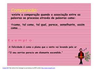 Comparação:
              •existe a comparação quando a associação entre as
              palavras se processa através de palavras como:

              como, tal como, tal qual, parece, semelhante, assim
              como...



         Exemplo:

         •A felicidade é como a pluma que o vento vai levando pelo ar

         •“O seu sorriso parecia um diamante escondido.”




Create PDF files without this message by purchasing novaPDF printer (http://www.novapdf.com)
 
