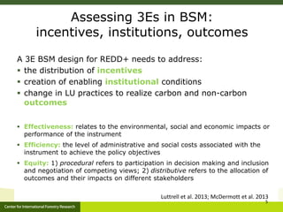 Assessing 3Es in BSM: 
incentives, institutions, outcomes 
A 3E BSM design for REDD+ needs to address: 
 the distribution of incentives 
 creation of enabling institutional conditions 
 change in LU practices to realize carbon and non-carbon 
outcomes 
 Effectiveness: relates to the environmental, social and economic impacts or 
performance of the instrument 
 Efficiency: the level of administrative and social costs associated with the 
instrument to achieve the policy objectives 
 Equity: 1) procedural refers to participation in decision making and inclusion 
and negotiation of competing views; 2) distributive refers to the allocation of 
outcomes and their impacts on different stakeholders 
Luttrell et al. 2013; McDermott et al. 2013 
5 
 