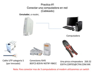 Practica #1
Conectar una computadora en red
(Cableado)
Conectores RJ45
8GFC5-82E4V-NST9F-Y8KCC
Una pinza crimpeadora 269.32
EDITH.CORTES@CTIN.COM.MX
Cable UTP categoria 5
(par trenzado)
Enrutador, o router,
Computadora
Nota: Para conectar mas de 3 computadoras al modem utilizaremos un switch
 
