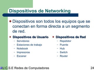 Dispositivos de Networking 
Dispositivos son todos los equipos que se 
conectan en forma directa a un segmento 
de red. 
Dispositivos ddee UUssuuaarriioo 
– Servidores 
– Estaciones de trabajo 
– Notebook 
– Impresoras 
– Escaner 
DDiissppoossiittiivvooss ddee RReedd 
– Repetidor 
– Puente 
– Hub 
– Switch 
– Router 
U.C.S.E Redes de Computadoras 24 
 