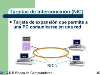 Tarjetas de Interconexión (NIC) 
Tarjeta de expansión que permite a 
una PC comunicarse en una red 
FFiillee 
SSeerrvveerr 
1 s t 
Q t r 
2 n d 
Q t r 
8 0 
6 0 
4 0 
2 0 
0 
1 s t 
Q t r 
2 n d 
Q t r 
8 0 
6 0 
4 0 
2 0 
0 
1 s t 
Q t r 
2 n d 
Q t r 
8 0 
6 0 
4 0 
2 0 
0 
NIC´s 
U.C.S.E Redes de Computadoras 40 
 