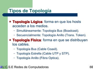 Tipos de Topología 
TTooppoollooggííaa LLóóggiiccaa: forma en que los hosts 
acceden a los medios. 
– Simultáneamente: Topología Bus (Boadcast). 
– Secuencialmente: Topología Anillo (Trans. Token). 
TTooppoollooggííaa FFííssiiccaa: forma en que se distribuyen 
los cables. 
– Topología Bus (Cable Coaxil). 
– Topología Estrella (Cable UTP y STP). 
– Topología Anillo (Fibra Optica). 
U.C.S.E Redes de Computadoras 66 
 