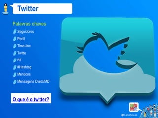 Twitter
Palavras chaves
  Seguidores
  Perfil
  Time-line
  Twitte
  RT
  #Hashtag
  Mentions
  Mensagens Direta/MD



O que é o twitter?
 