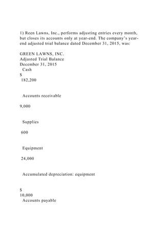 1) Reen Lawns, Inc., performs adjusting entries every month,
but closes its accounts only at year-end. The company’s year-
end adjusted trial balance dated December 31, 2015, was:
GREEN LAWNS, INC.
Adjusted Trial Balance
December 31, 2015
Cash
$
182,200
Accounts receivable
9,000
Supplies
600
Equipment
24,000
Accumulated depreciation: equipment
$
10,000
Accounts payable
 