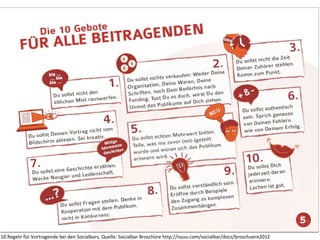 10 Regeln für Vortragende bei den Socialbars. Quelle: Socialbar Broschüre http://issuu.com/socialbar/docs/broschuere2012
 