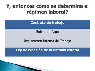 Contrato de trabajo

           Boleta de Pago

    Reglamento Interno de Trabajo

Ley de creación de la entidad estatal
 
