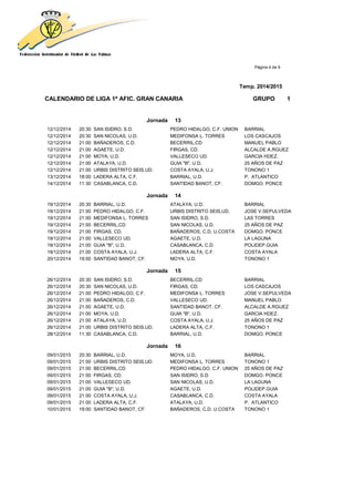 Página 4 de 9
Temp. 2014/2015
CALENDARIO DE LIGA 1ª AFIC. GRAN CANARIA GRUPO 1
Jornada 13
12/12/2014 20:30 SAN ISIDRO, S.D. PEDRO HIDALGO, C.F. UNION BARRIAL
12/12/2014 20:30 SAN NICOLAS, U.D. MEDIFONSA L. TORRES LOS CASCAJOS
12/12/2014 21:00 BAÑADEROS, C.D. BECERRIL,CD MANUEL PABLO
12/12/2014 21:00 AGAETE, U.D. FIRGAS, CD. ALCALDE A.RGUEZ
12/12/2014 21:00 MOYA, U.D. VALLESECO UD. GARCIA HDEZ.
12/12/2014 21:00 ATALAYA, U.D. GUIA "B", U.D. 25 AÑOS DE PAZ
12/12/2014 21:00 URBIS DISTRITO SEIS,UD. COSTA AYALA, U.J. TONONO 1
13/12/2014 18:00 LADERA ALTA, C.F. BARRIAL, U.D. P. ATLANTICO
14/12/2014 11:30 CASABLANCA, C.D. SANTIDAD BANOT, CF. DOMGO. PONCE
Jornada 14
19/12/2014 20:30 BARRIAL, U.D. ATALAYA, U.D. BARRIAL
19/12/2014 21:00 PEDRO HIDALGO, C.F. URBIS DISTRITO SEIS,UD. JOSE V.SEPULVEDA
19/12/2014 21:00 MEDIFONSA L. TORRES SAN ISIDRO, S.D. LAS TORRES
19/12/2014 21:00 BECERRIL,CD SAN NICOLAS, U.D. 25 AÑOS DE PAZ
19/12/2014 21:00 FIRGAS, CD. BAÑADEROS, C.D. U.COSTA DOMGO. PONCE
19/12/2014 21:00 VALLESECO UD. AGAETE, U.D. LA LAGUNA
19/12/2014 21:00 GUIA "B", U.D. CASABLANCA, C.D. POLIDEP.GUIA
19/12/2014 21:00 COSTA AYALA, U.J. LADERA ALTA, C.F. COSTA AYALA
20/12/2014 19:00 SANTIDAD BANOT, CF. MOYA, U.D. TONONO 1
Jornada 15
26/12/2014 20:30 SAN ISIDRO, S.D. BECERRIL,CD BARRIAL
26/12/2014 20:30 SAN NICOLAS, U.D. FIRGAS, CD. LOS CASCAJOS
26/12/2014 21:00 PEDRO HIDALGO, C.F. MEDIFONSA L. TORRES JOSE V.SEPULVEDA
26/12/2014 21:00 BAÑADEROS, C.D. VALLESECO UD. MANUEL PABLO
26/12/2014 21:00 AGAETE, U.D. SANTIDAD BANOT, CF. ALCALDE A.RGUEZ
26/12/2014 21:00 MOYA, U.D. GUIA "B", U.D. GARCIA HDEZ.
26/12/2014 21:00 ATALAYA, U.D. COSTA AYALA, U.J. 25 AÑOS DE PAZ
26/12/2014 21:00 URBIS DISTRITO SEIS,UD. LADERA ALTA, C.F. TONONO 1
28/12/2014 11:30 CASABLANCA, C.D. BARRIAL, U.D. DOMGO. PONCE
Jornada 16
09/01/2015 20:30 BARRIAL, U.D. MOYA, U.D. BARRIAL
09/01/2015 21:00 URBIS DISTRITO SEIS,UD. MEDIFONSA L. TORRES TONONO 1
09/01/2015 21:00 BECERRIL,CD PEDRO HIDALGO, C.F. UNION 25 AÑOS DE PAZ
09/01/2015 21:00 FIRGAS, CD. SAN ISIDRO, S.D. DOMGO. PONCE
09/01/2015 21:00 VALLESECO UD. SAN NICOLAS, U.D. LA LAGUNA
09/01/2015 21:00 GUIA "B", U.D. AGAETE, U.D. POLIDEP.GUIA
09/01/2015 21:00 COSTA AYALA, U.J. CASABLANCA, C.D. COSTA AYALA
09/01/2015 21:00 LADERA ALTA, C.F. ATALAYA, U.D. P. ATLANTICO
10/01/2015 19:00 SANTIDAD BANOT, CF. BAÑADEROS, C.D. U.COSTA TONONO 1
 