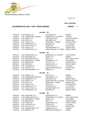 Página 7 de 9
Temp. 2014/2015
CALENDARIO DE LIGA 1ª AFIC. GRAN CANARIA GRUPO 1
Jornada 25
13/03/2015 20:30 BARRIAL, U.D. VALLESECO UD. BARRIAL
13/03/2015 21:00 URBIS DISTRITO SEIS,UD. BAÑADEROS, C.D. U.COSTA TONONO 1
13/03/2015 21:00 AGAETE, U.D. SAN NICOLAS, U.D. ALCALDE A.RGUEZ
13/03/2015 21:00 MOYA, U.D. SAN ISIDRO, S.D. GARCIA HDEZ.
13/03/2015 21:00 ATALAYA, U.D. MEDIFONSA L. TORRES 25 AÑOS DE PAZ
13/03/2015 21:00 LADERA ALTA, C.F. BECERRIL,CD P. ATLANTICO
13/03/2015 21:00 COSTA AYALA, U.J. FIRGAS, CD. COSTA AYALA
13/03/2015 21:00 GUIA "B", U.D. SANTIDAD BANOT, CF. POLIDEP.GUIA
15/03/2015 11:30 CASABLANCA, C.D. PEDRO HIDALGO, C.F. UNION DOMGO. PONCE
Jornada 26
20/03/2015 20:30 SAN NICOLAS, U.D. BAÑADEROS, C.D. U.COSTA LOS CASCAJOS
20/03/2015 20:30 SAN ISIDRO, S.D. AGAETE, U.D. BARRIAL
20/03/2015 21:00 PEDRO HIDALGO, C.F. MOYA, U.D. JOSE V.SEPULVEDA
20/03/2015 21:00 MEDIFONSA L. TORRES CASABLANCA, C.D. LAS TORRES
20/03/2015 21:00 BECERRIL,CD ATALAYA, U.D. 25 AÑOS DE PAZ
20/03/2015 21:00 FIRGAS, CD. LADERA ALTA, C.F. DOMGO. PONCE
20/03/2015 21:00 VALLESECO UD. COSTA AYALA, U.J. LA LAGUNA
20/03/2015 21:00 GUIA "B", U.D. URBIS DISTRITO SEIS,UD. POLIDEP.GUIA
21/03/2015 19:00 SANTIDAD BANOT, CF. BARRIAL, U.D. TONONO 1
Jornada 27
27/03/2015 20:30 BARRIAL, U.D. GUIA "B", U.D. BARRIAL
27/03/2015 21:00 URBIS DISTRITO SEIS,UD. SAN NICOLAS, U.D. TONONO 1
27/03/2015 21:00 BAÑADEROS, C.D. SAN ISIDRO, S.D. MANUEL PABLO
27/03/2015 21:00 AGAETE, U.D. PEDRO HIDALGO, C.F. UNION ALCALDE A.RGUEZ
27/03/2015 21:00 MOYA, U.D. MEDIFONSA L. TORRES GARCIA HDEZ.
27/03/2015 21:00 ATALAYA, U.D. FIRGAS, CD. 25 AÑOS DE PAZ
27/03/2015 21:00 LADERA ALTA, C.F. VALLESECO UD. P. ATLANTICO
27/03/2015 21:00 COSTA AYALA, U.J. SANTIDAD BANOT, CF. COSTA AYALA
29/03/2015 11:30 CASABLANCA, C.D. BECERRIL,CD DOMGO. PONCE
Jornada 28
10/04/2015 20:30 SAN ISIDRO, S.D. SAN NICOLAS, U.D. BARRIAL
10/04/2015 21:00 PEDRO HIDALGO, C.F. BAÑADEROS, C.D. U.COSTA JOSE V.SEPULVEDA
10/04/2015 21:00 MEDIFONSA L. TORRES AGAETE, U.D. LAS TORRES
10/04/2015 21:00 BECERRIL,CD MOYA, U.D. 25 AÑOS DE PAZ
10/04/2015 21:00 FIRGAS, CD. CASABLANCA, C.D. DOMGO. PONCE
10/04/2015 21:00 VALLESECO UD. ATALAYA, U.D. LA LAGUNA
10/04/2015 21:00 GUIA "B", U.D. COSTA AYALA, U.J. POLIDEP.GUIA
11/04/2015 19:00 SANTIDAD BANOT, CF. LADERA ALTA, C.F. TONONO 1
11/04/2015 19:30 BARRIAL, U.D. URBIS DISTRITO SEIS,UD. BARRIAL
 